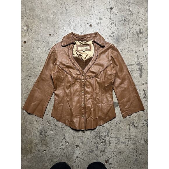 Alan Michael Leather Heartneck Jacket Brown‎ Fitted Size S Rare $1200 MSRP - Picture 1 of 9